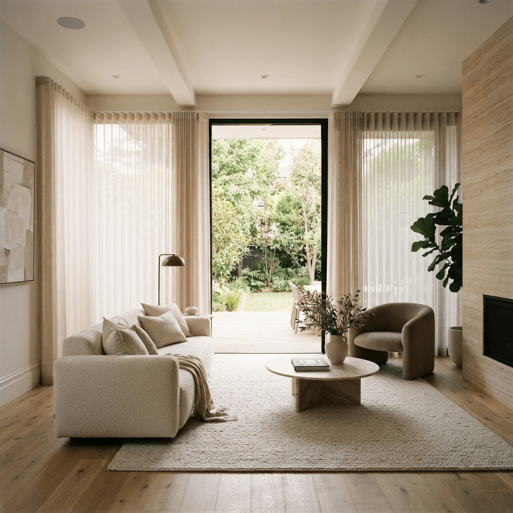 Floor-to-ceiling windows and patio door dressed with vertical sheer dream blinds