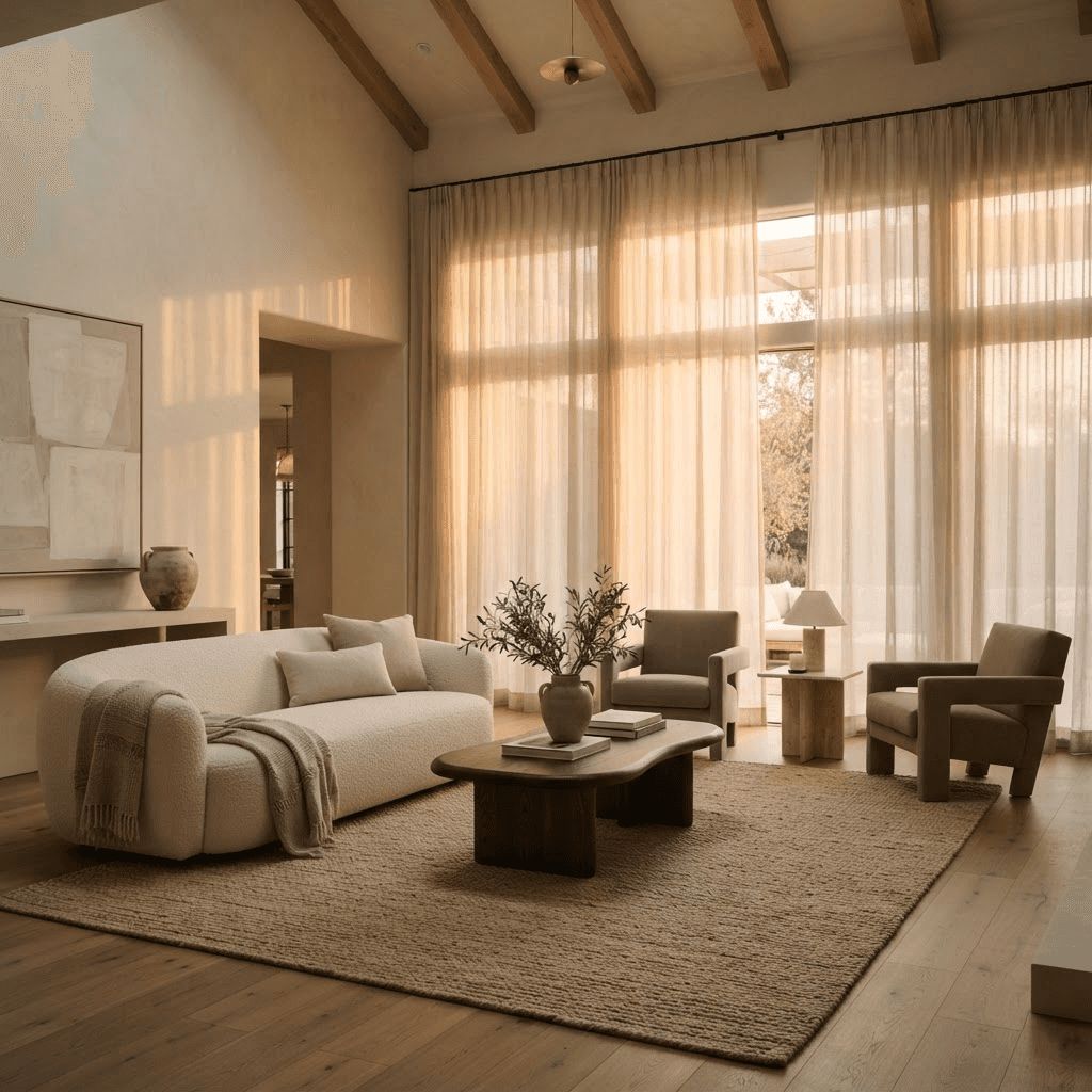 Sunlit luxury living room with floor-to-ceiling sheer linen drapery