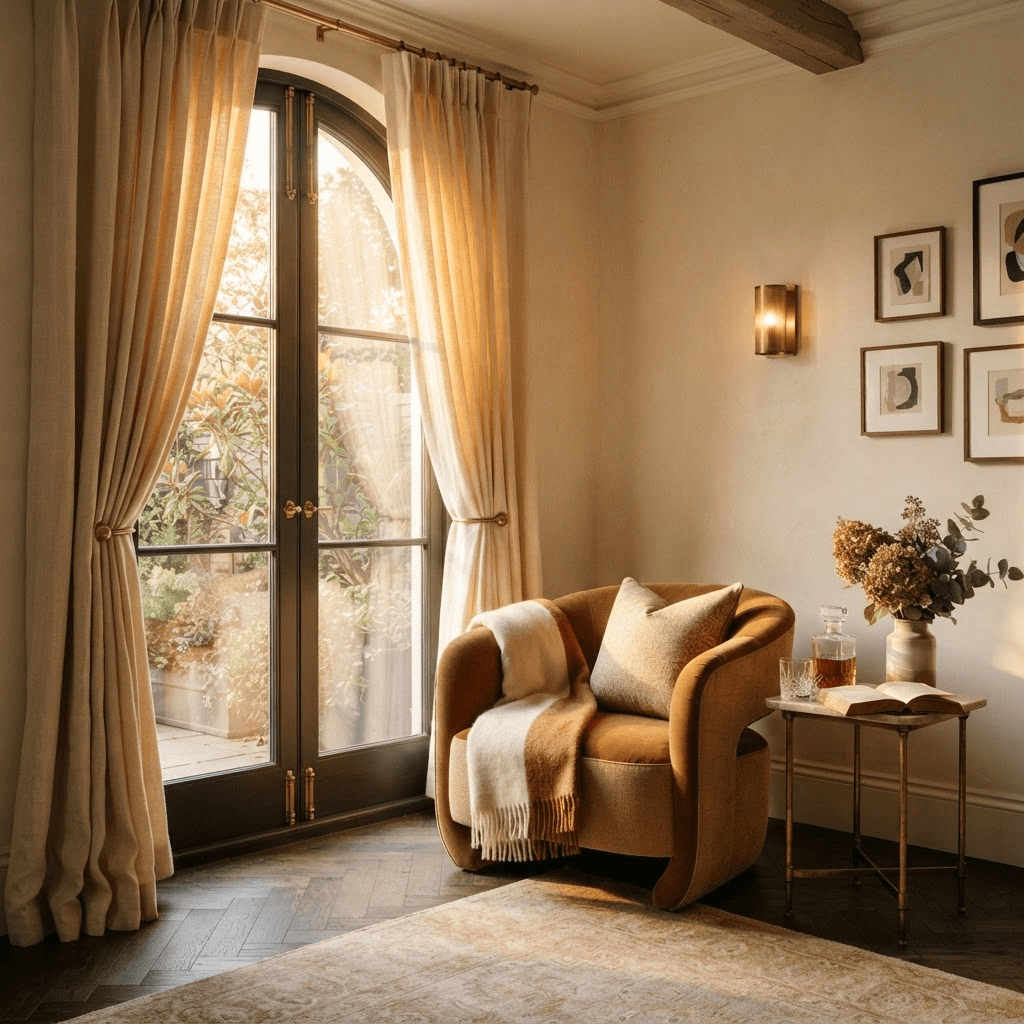 Draped window corner with a designer armchair in golden light