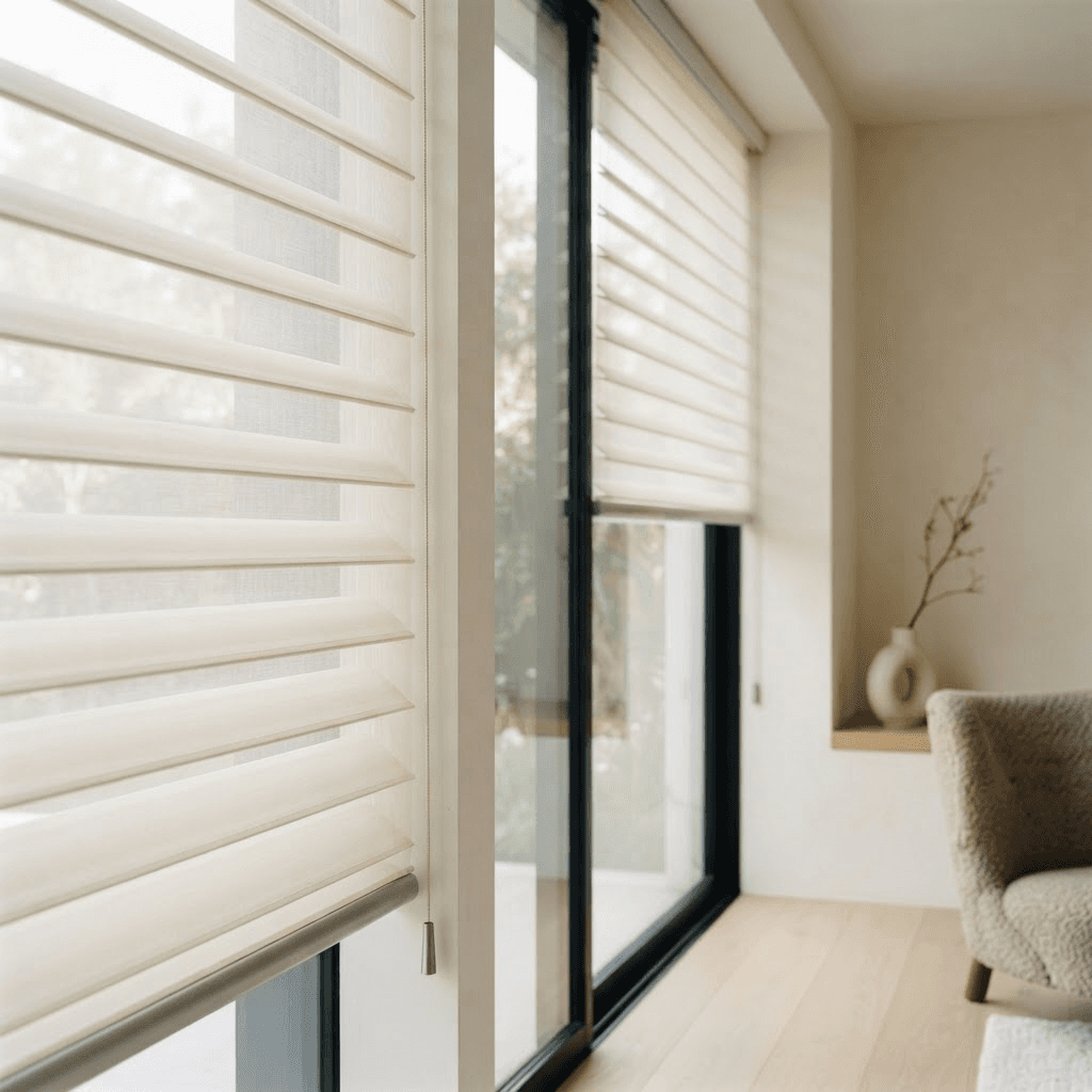 Window fitted with Shangri-La sheer horizontal blinds diffusing daylight