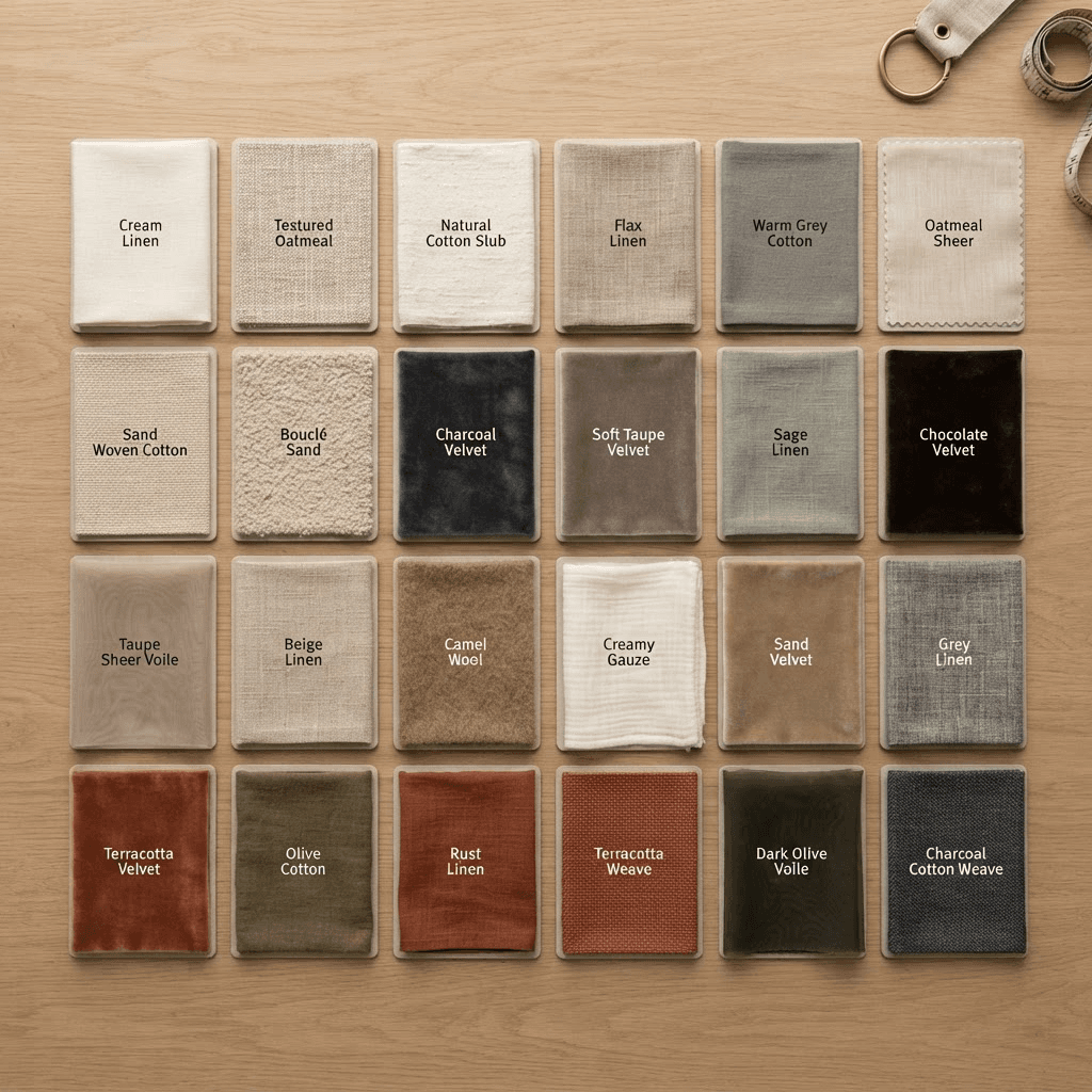 Overhead flat-lay of premium curtain and upholstery fabric swatches
