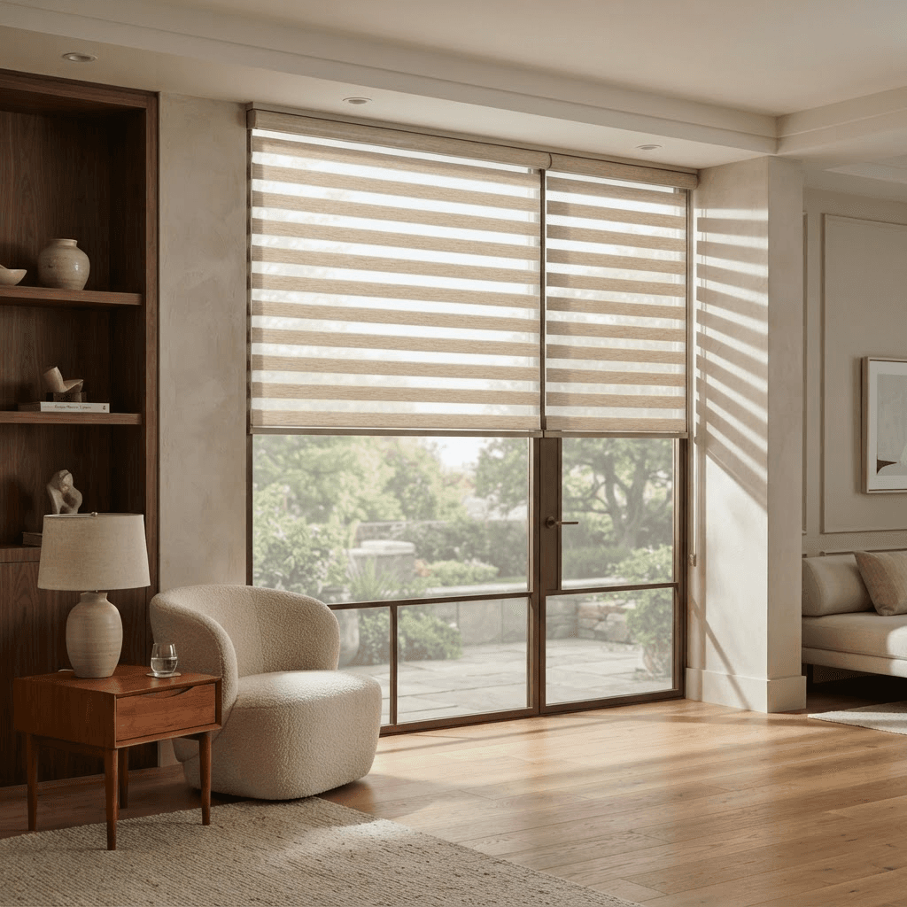 Contemporary window with zebra blinds creating soft striped light