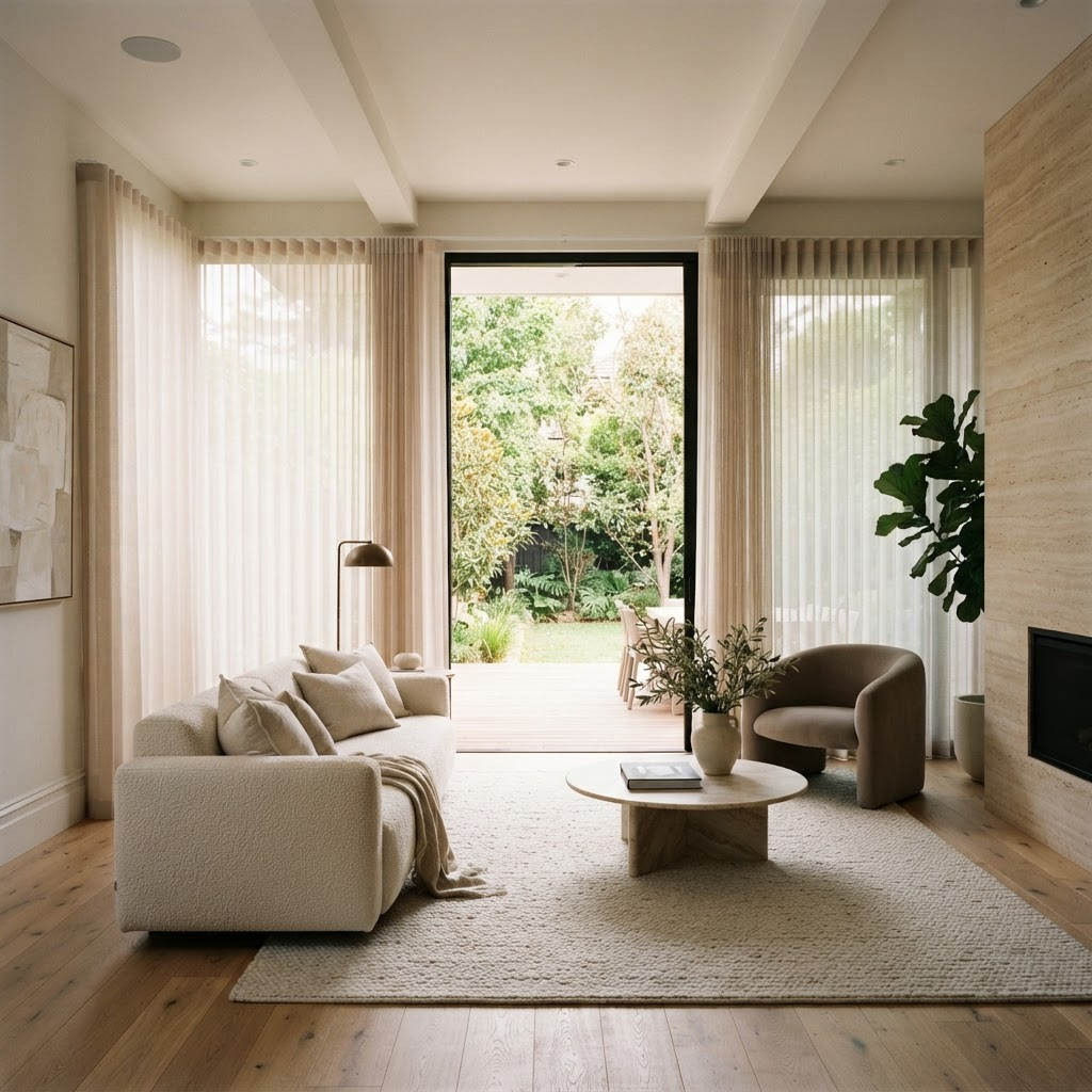 Floor-to-ceiling windows and patio door dressed with vertical sheer dream blinds