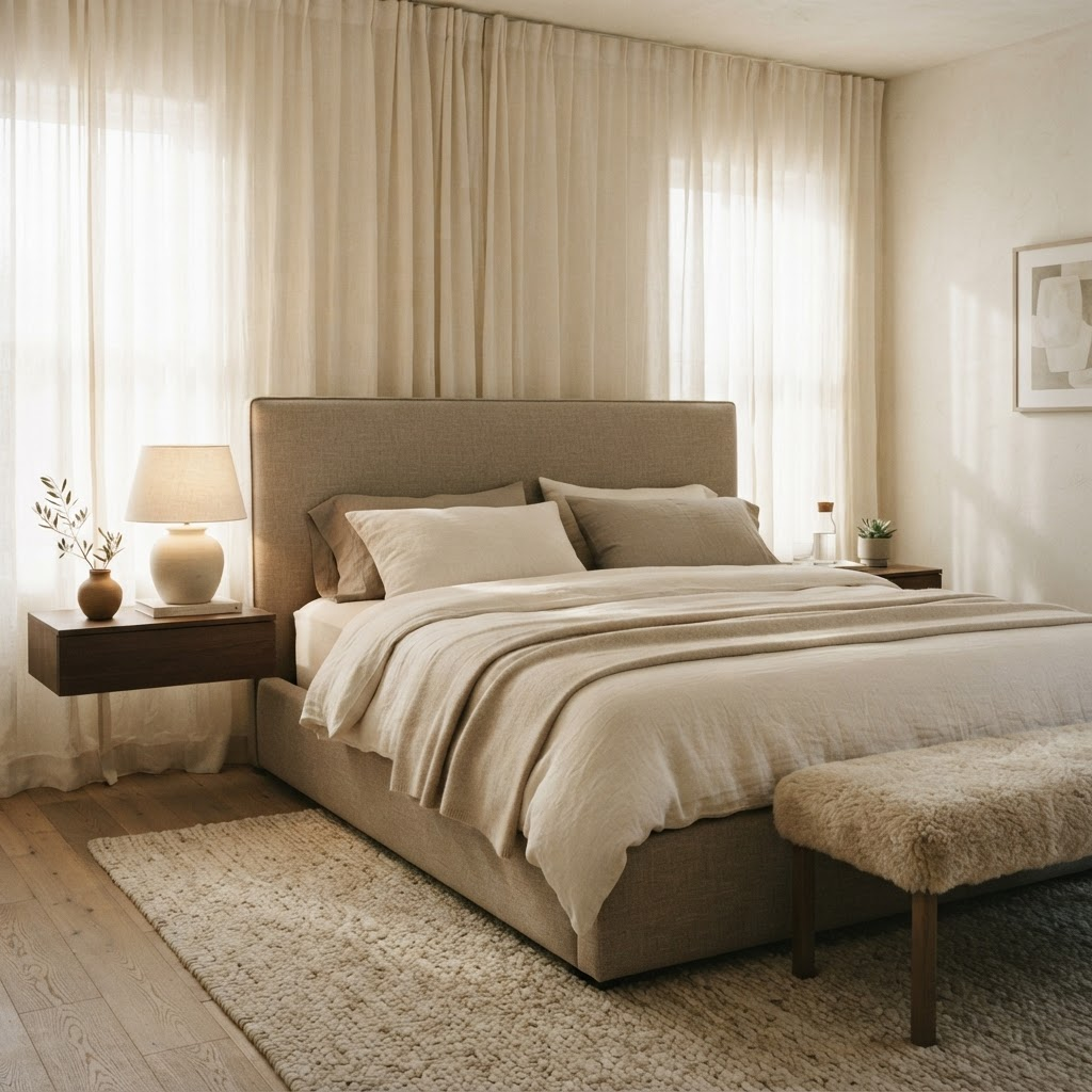 Serene bedroom with an upholstered linen bed and layered bedding