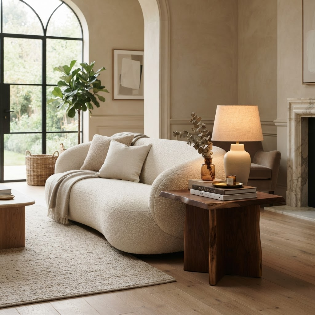Cream boucle sofa with walnut side table in a sunlit living room
