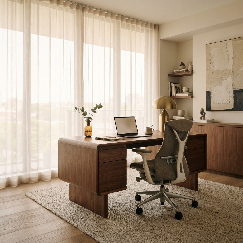 Home office with a walnut desk and sheer shades
