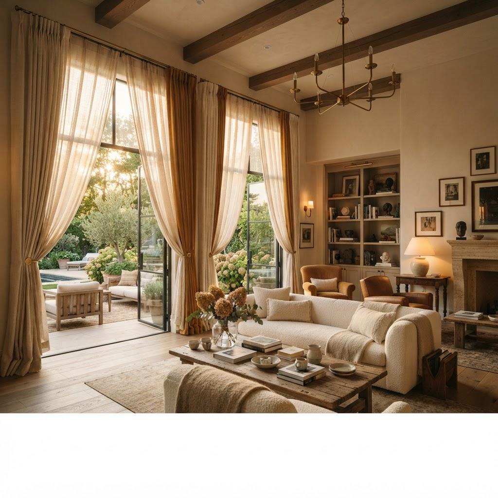 Luxury interior with layered curtains in warm light