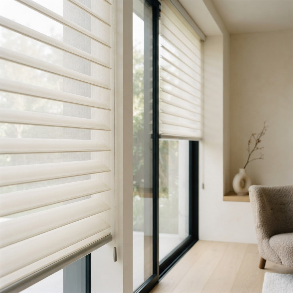 Window fitted with Shangri-La sheer horizontal blinds diffusing daylight