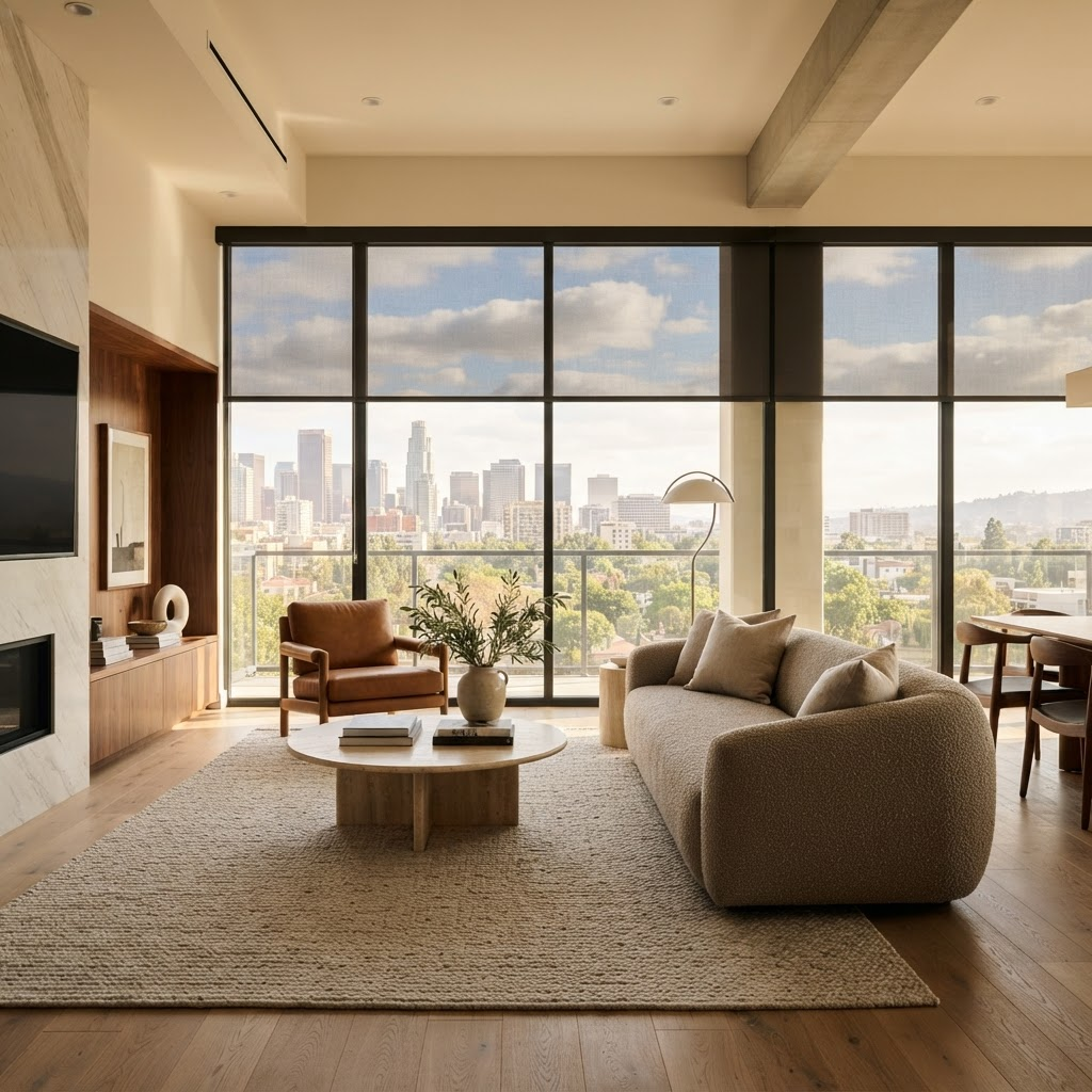West-facing living room with solar roller shades reducing afternoon glare