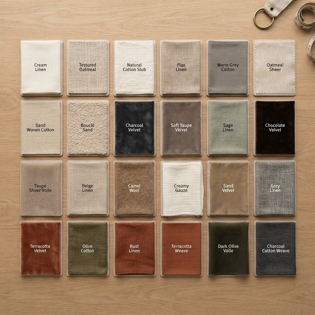 Overhead flat-lay of premium curtain and upholstery fabric swatches