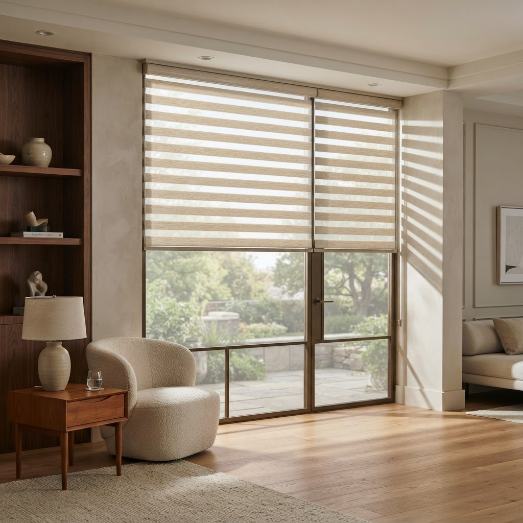Contemporary window with zebra blinds creating soft striped light